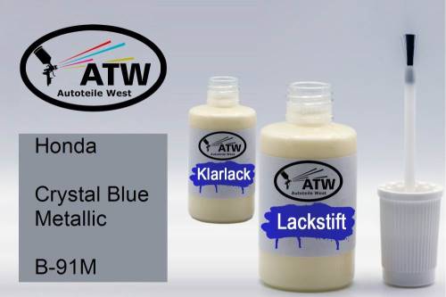 Honda, Crystal Blue Metallic, B-91M: 20ml Lackstift + 20ml Klarlack - Set, von ATW Autoteile West.